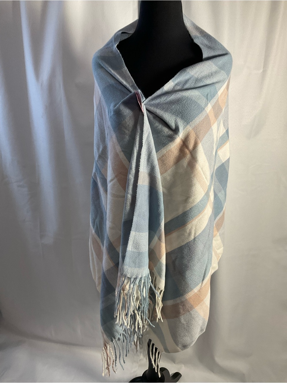 Light Blue Plaid Fringe Wrap Shawl - Women Accessories